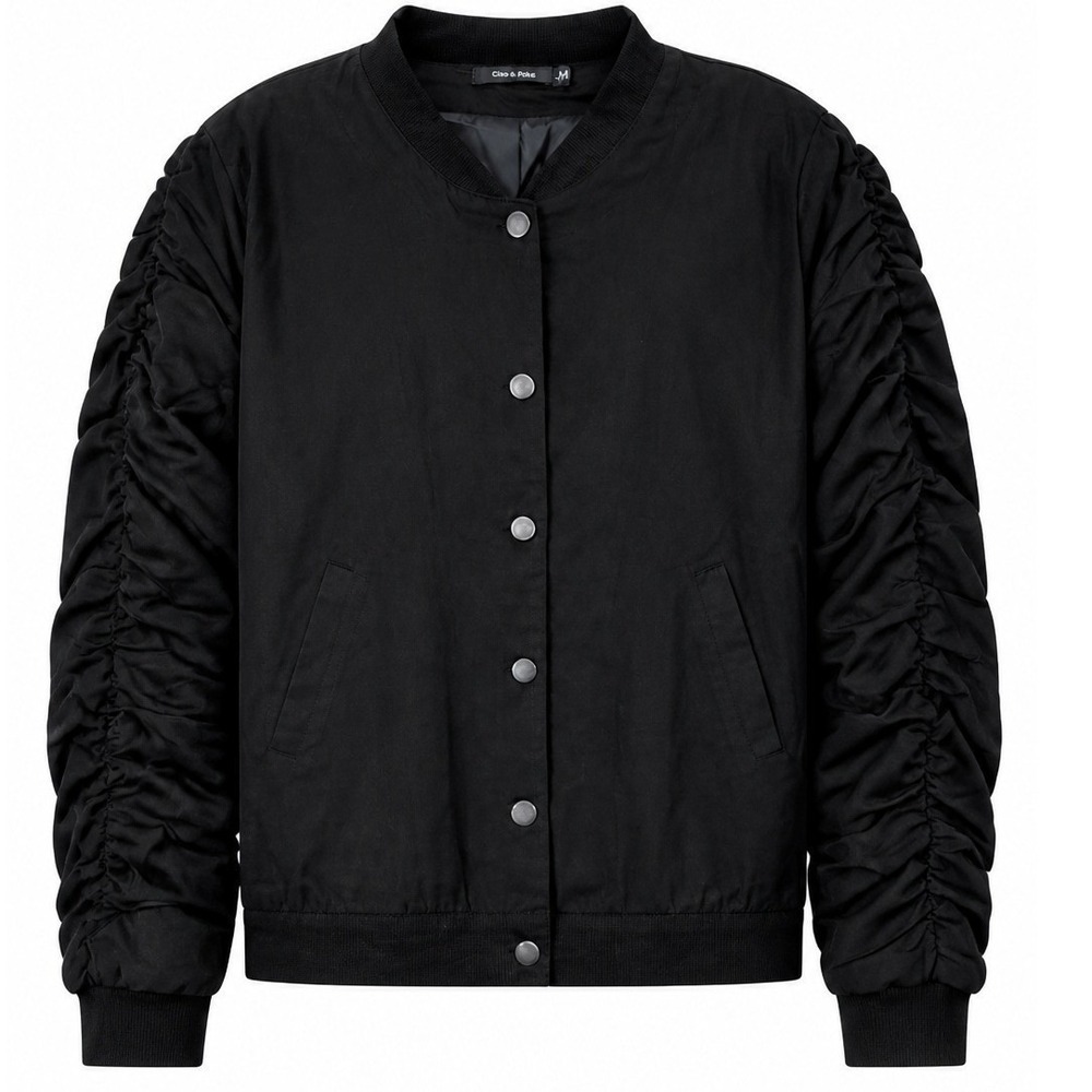 Doe & Rae Bomber Jacket Womens Large Black Ruched Sleeve Snap Front Streetwear